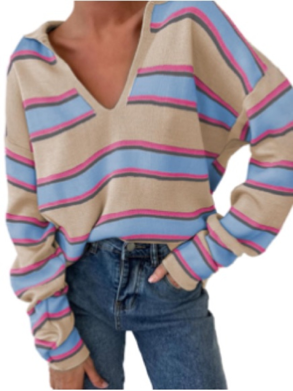 NWT V-Neck Striped Sweater - Cream with Pastel Stripes Sz Xl Women